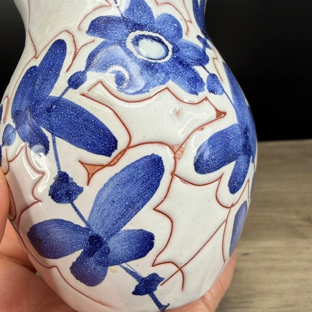 Vintage Made in Norway Blue White Floral‎ Ceramic Bud Vase Hand Painted 3.5 Inch